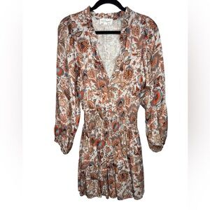 Self Contrast Floral V Neck Smocked Elastic Waist Long Sleeve Mini Dress Small